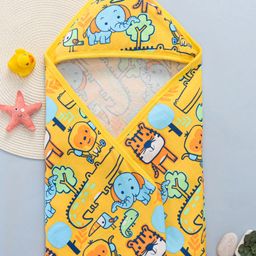 Babyhug Cotton Knit Hooded Towel With Animal Print Yellow - L 73 x B 70 cm-image-17