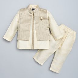 Kiwi Cotton Full Sleeves Solid Kurta Pyjama With Threadwork Embroidered & Floral Applique Detailed Jacket Set - Fawn-image-42