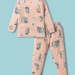 CUCUMBER Sinker Knit Full Sleeves Co-Ord Night Suit With Boat Print - Ivory-picture-23