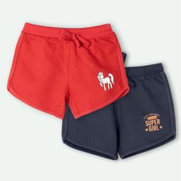 Ariel Cotton Knit Pack Of 2 Super Girl Text & Unicorn Printed Shorts - Navy Blue & Red-image-66