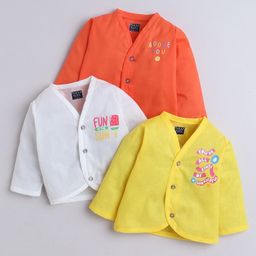 Polka Tots Cotton Woven Pack Of 3 Full Sleeves Typography & Smiley Printed Jhablas - Orange White & Yellow-image-13