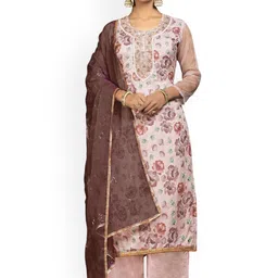HERE&NOW Floral Printed Beads And Stones Organza Unstitched Dress Material-image-22