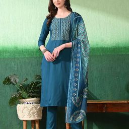 Mesqlu Women Floral Embroidered Regular Thread Work Kurti with Trousers & With Dupatta-image-85