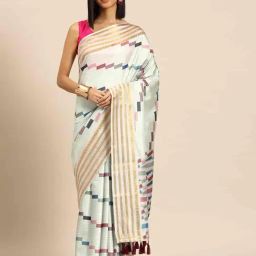 Silk Land Multi Silk Blend Block Print Saree With Unstiched Blouse-picture-1