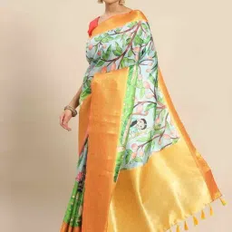 Silk Land Blue Silk Blend Kalamkari Saree With Unstiched Blouse-image-65