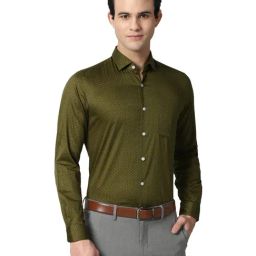 Peter England Elite Olive Green Cotton Regular Fit Printed Shirt-image-19