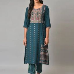 W Blue Printed A Line Kurta-picture-30