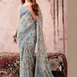 Satrani Grey Floral Print Saree With Unstitched Blouse-image-40