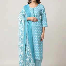 Jaipur Kurti Women Floral Printed Regular Thread Work Pure Cotton Kurta with Trousers & With Dupatta-picture-30