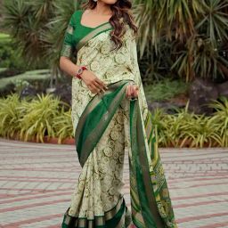 Satrani Green Cotton Silk Printed Saree With Unstitched Blouse-picture-29