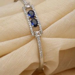 Zeneme Rhodium Plated Silver Blue American Diamond Kada Bracelet-27