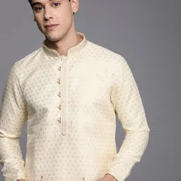 Manyavar Men Beige Ethnic Motifs Woven Design Kurta with Churidar-image-83