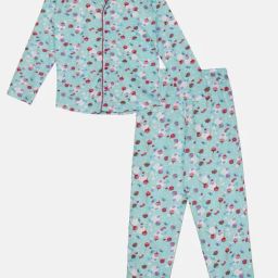 Kiddopanti Girls Aqua Blue Printed Full Sleeves Shirt with Pajamas-image-76