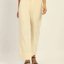 Madame Off White Polyester Straight Fit Solid Trouser-image-35