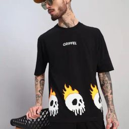 Griffel Black Cotton Loose Fit Printed T-Shirt-image-49