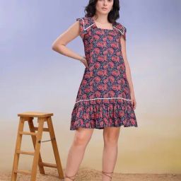 PURVAJA Navy Blue Cotton Blend Paisley Shift Dress-image-25