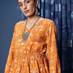Taavi Floral Bagru Printed Puff Sleeve Pure Cotton Wrap Top-image-51