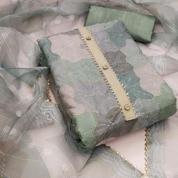 KALINI Green Organza Position Print With Sequence Work Unstitched Dress Material-picture-49
