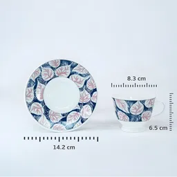 UPC PREMIUM HOUSEWARE Set of 6 White & Blue Leaf Printed Ceramic Cups & Saucer Set 180ml image 3