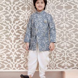Ministitch Full Sleeves Floral Embroidered Indo Western Jacquard Sherwani With Dhoti - Grey-image-54