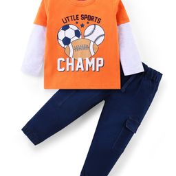 Babyhug Cotton Knit Full Doctor Sleeved T-Shirt & Denim Jeans Set With Sporty Print - Orange & Blue-image-92