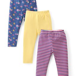 Babyhug Cotton Lycra Knit Stretchable Leggings Floral Print Pack of 3 - Blue & Yellow-image-70