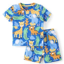 Babyhug Cotton Knit Half Sleeves T-Shirt & Shorts Co-Ord Set With Animals Print - Blue-image-74