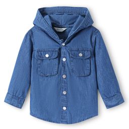 Bonfino 100% Cotton Mid Wash Bellow Pockets Denim Shirt With Hood - Blue-image-2
