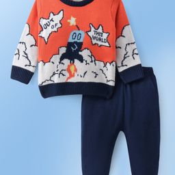 Doddle Poodle Knitted Full Sleeves Pullover Sweater Set with Crackers Design - Orange & Navy Blue-image-84