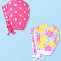 Babyhug 100% Cotton Knit Polka Dot & Fruit Printed Caps Pack of 2 - Pink & Yellow-image-52