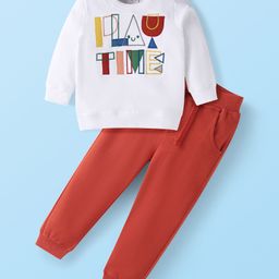 Babyhug Terry Knit Full Sleeves Text Embroidered T-Shirt & Joggers Set - Red & White-image-69