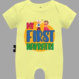 The Peppy Tend Navratri Theme 100% Cotton Half Sleeves My First Navratri Text Printed Romper -Yellow-picture-36