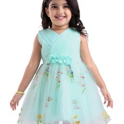 Babyhug Woven Sleeveless Fit and Flare Party Frock with Corsage Applique & Floral Embroidery Detailing - Light Blue-picture-25