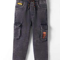 Olio Kids Denim Woven Full Length Jeans With Cargo Pockets & Text Print - Black-picture-25