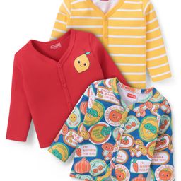 Babyhug 100% Cotton Knit Full Sleeves Front Open Vests with Striped &Fruit Print Pack of 3 - Red Yellow & Blue-image-86