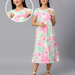 True Shape Half Sleeves Tie Dye Maternity Gown With Zipless Nursing Access - Pink-image-58