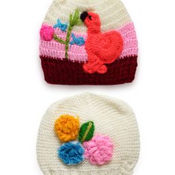 MayRa Knits Pack Of 2 Hand Knitted Floral & Flamingo Crochet Designed Caps - Cream-picture-47