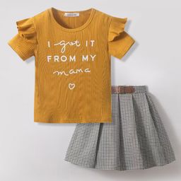 Mark & Mia Cotton Half Sleeves Text Printed Top & Pleated Skirt with Checks - Light Brown-image-74