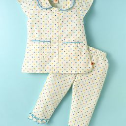 Dew Drops Poplin Knit Half Sleeves Co-Ord Night Suit With Heart Print - Cream-image-82