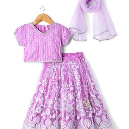 Babyhug Woven Half Sleeves Sequin Detailing Lehenga Choli & Dupatta Set With Floral Embroidery - Purple-image-96