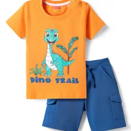 Babyhug Single Jersey Knit Half Sleeves T-Shirt & Shorts with Dino Print - Orange & Navy Blue-picture-11