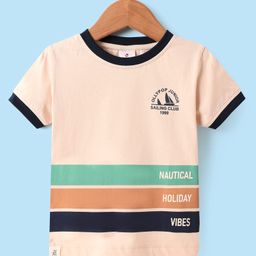 Ollypop Sinker Knit Half Sleeves T-Shirt with Nautical Theme Print & Stripes - Peach-image-44