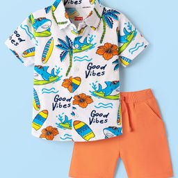 Babyhug 100% Cotton Knit Half Sleeves Shirt With Beach Theme Print & Short Set - White & Orange-image-71