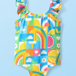 Babyhug Water Repellant Frill Sleeves V Cut Swimsuit With Tropical Theme - Yellow-image-18