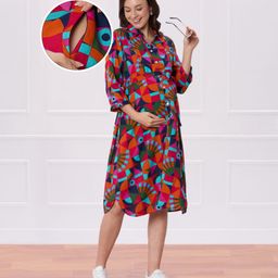 Bella Mama Woven Three Fourth Sleeves Shirt Maternity Dress With Abstract Print - Multicolour-picture-1