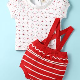 ToffyHouse Cotton Knit Striped Dungaree & Half Sleeves T-Shirt With Heart & Polka Dot Print - Red & White-picture-0