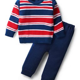Babyhug Acrylic Knitted Full Sleeves Striped Sweater Set - Navy Blue & Red-image-77