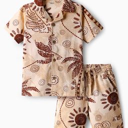 OLLINGTON ST. Cotton Knit Co-Ord Set of Tropical Theme Printed Half Sleeves Shirt & Shorts - Multicolor-image-85