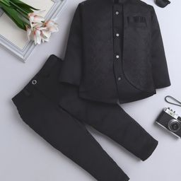 Fourfolds Woven Full Sleeves Abstract Embroidered Jodhpuri & Trousers Set - Black-image-62