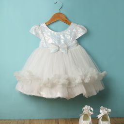 Babyhug Woven Cap Sleeves Sequinned Yoke Mesh Party Dress with Bow Applique Headband & Booties - White-image-31